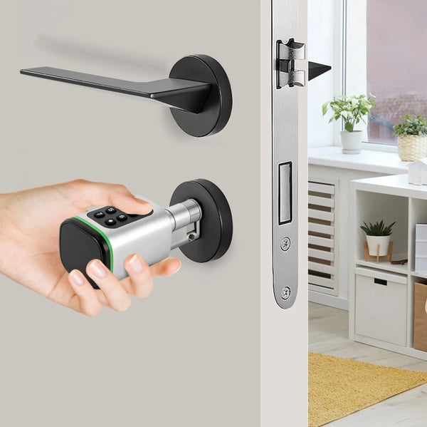 Smart låsecylinder til dør - Låsecylinder 60 mm - App, kode, nøglekort, nøgle - 100 koder/100 kort - IP5X - Til dørtykkelse 35–45 mm - Sort