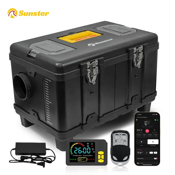 Dieselvärmare i verktygslåda - A2200BS - 8 kW - 12V/24V & AC 110–240 V - Bluetooth & fjärr - Konstant temp & ventilation - 20–25 m² - Svart