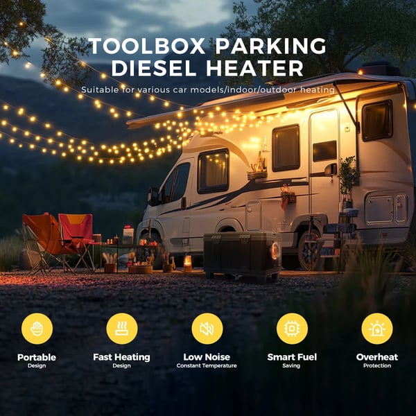 Diesel-ilmalämmitin työkalulaatikko - A2200BS - 8 kW - 12V/24V & AC 110–240 V - Bluetooth & kaukosäädin - Vakiolämpö & tuuletus - 20–25 m² - Musta