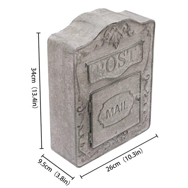 Vintage postilaatikko - Seinäpostilaatikko - Aita-/Seinäasennus - Kohokuvioitu metalli - Ulkokäyttöön - Kannella - Mitat 26×9,5×34 cm - Harmaa