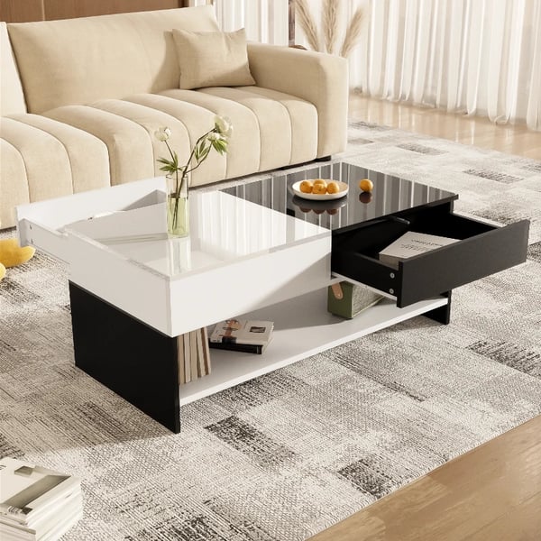 Sohvapöytä - Olohuoneen pöytä - 2 laatikkoa - Säilytys - Korkeakiiltoinen pöytäkansi - 100 cm - Moderni design - Mustavalkoinen