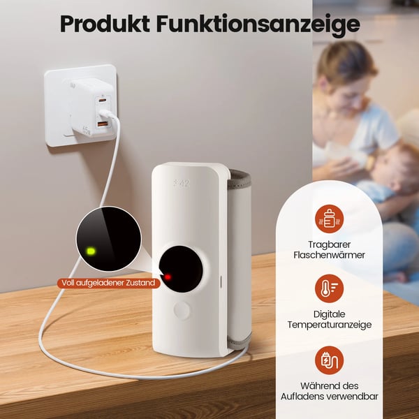 Babyflaskevarmer - Bærbar USB 6000 mAh - Konstant Temperatur - Isolerende Overtræk - Ftalatfri PP - Hvid