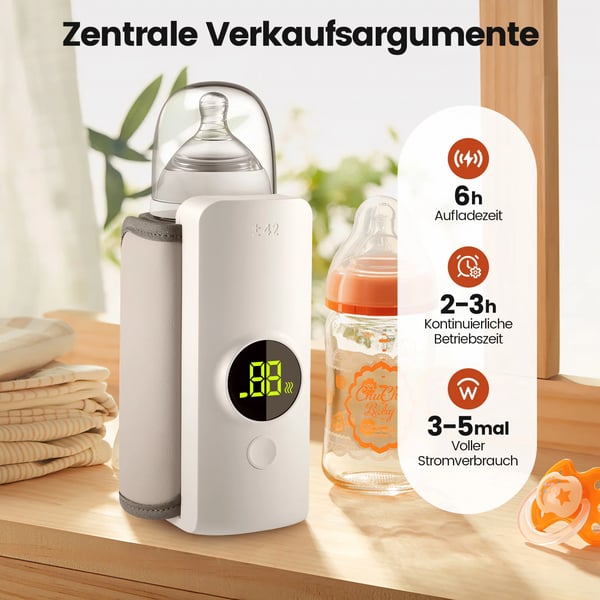 Babyflaskevarmer - Bærbar USB 6000 mAh - Konstant Temperatur - Isolerende Overtræk - Ftalatfri PP - Hvid