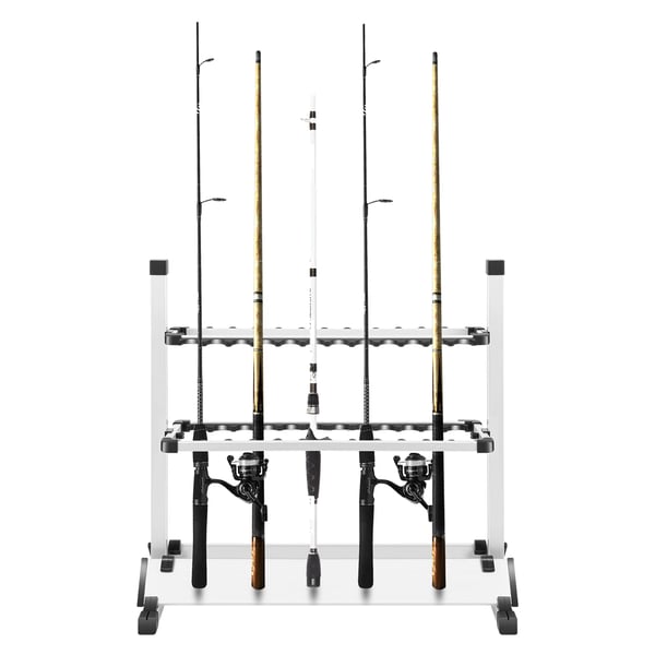 Stangstativ til fiskestænger - Fritstående stangholder - Aluminiumlegering - Kapacitet 24 stænger - Spor Ø 4,5 cm - Mål 71,5×31×70 cm - Hvid