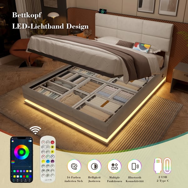 Polstret seng - Sengestel 140x200 cm - Med opbevaring - Moderne stil - Kompositstof - Samling kræves