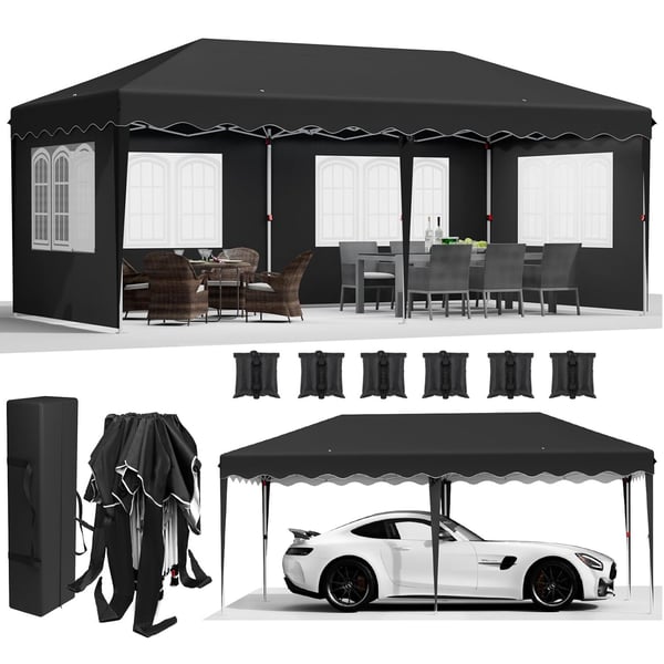 Puutarhapaviljonki - Pop-up juhlateltta 3 x 6 m - Vedenpitävä - HDPE-kangas PU-pinnoitettu - Alumiinirunko - Sivuseinillä - Musta