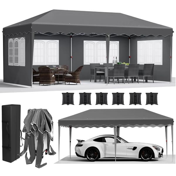 Puutarhapaviljonki - Pop up juhlateltta - 3 x 6 m - Alumiinirunko - Vedenpitävä PU-pinnoitettu HDPE-kangas - Tummanharmaa