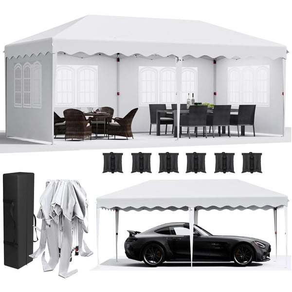 Pop Up Paviljonki Juhlateltta - 3 x 6 m - Vedenpitävä PU-pinnoitettu HDPE - Alumiinirunko - 4 Sivuseinää - Ulkokäyttö Häät/Juhlat - Valkoinen