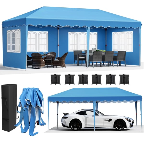 Juhlateltta Paviljonki - Pop Up Paviljonki - 3 x 6 m - Alumiinirunko - HDPE, PU-pinnoite - Vedenpitävä - Sininen