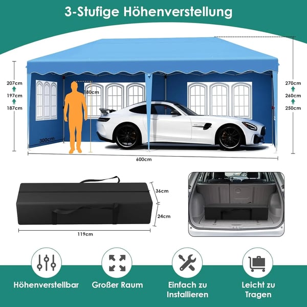 Juhlateltta Paviljonki - Pop Up Paviljonki - 3 x 6 m - Alumiinirunko - HDPE, PU-pinnoite - Vedenpitävä - Sininen