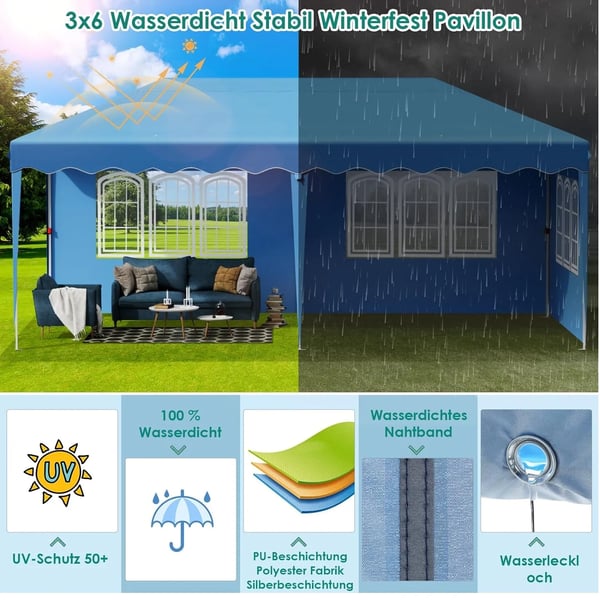 Juhlateltta Paviljonki - Pop Up Paviljonki - 3 x 6 m - Alumiinirunko - HDPE, PU-pinnoite - Vedenpitävä - Sininen