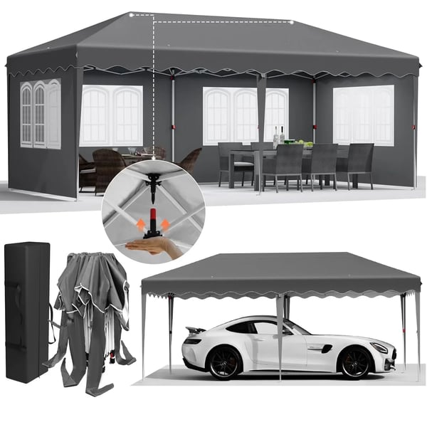 Puutarhapaviljonki 3 x 6 m - Pop up juhlateltta - One-push taittuva - Vedenpitävä PU-pinnoitettu HDPE - Alumiinirunko - Neljä sivuseinää