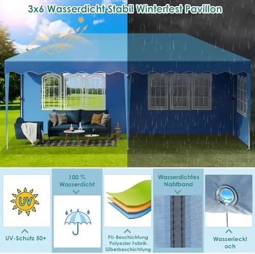 Pop up -paviljonki 3x6 m - Puutarhapaviljonki/Juhlateltta - One-Push pystytys - Vesitiivis PU-pinnoitettu HDPE - 4 sivuseinää - Sininen