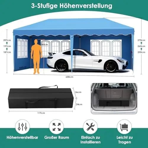 Pop up -paviljonki 3x6 m - Puutarhapaviljonki/Juhlateltta - One-Push pystytys - Vesitiivis PU-pinnoitettu HDPE - 4 sivuseinää - Sininen