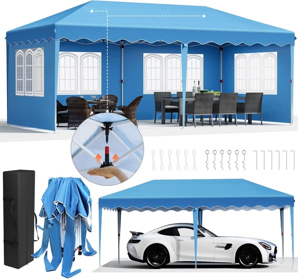 Pop up -paviljonki 3x6 m - Puutarhapaviljonki/Juhlateltta - One-Push pystytys - Vesitiivis PU-pinnoitettu HDPE - 4 sivuseinää - Sininen