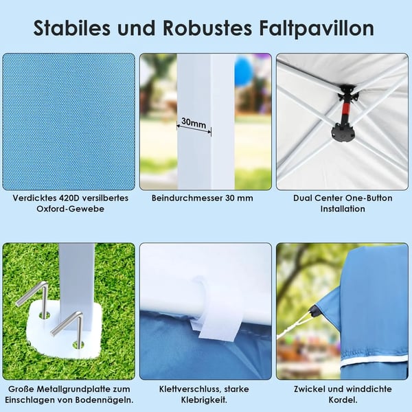 Pop up -paviljonki 3x6 m - Puutarhapaviljonki/Juhlateltta - One-Push pystytys - Vesitiivis PU-pinnoitettu HDPE - 4 sivuseinää - Sininen