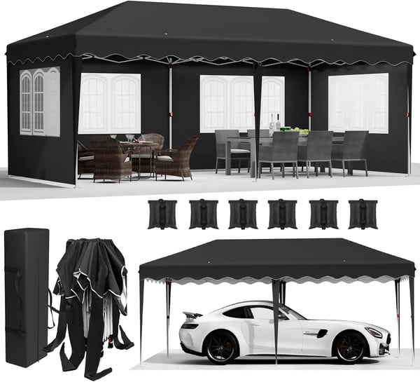 Puutarhapaviljonki - Pop-up juhlateltta 3x6 m - Pika-avautuva - Vedenpitävä PU-pinnoitettu HDPE - Alumiinirunko - 4 sivuseinää - Musta