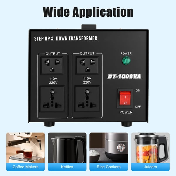 Spændingsomformer Transformator - DT-1000VA - 800W 1kVA - 110V/220V Op/Ned - Overbelastningsbeskyttelse - 4 Stik - CE-godkendt - Sort