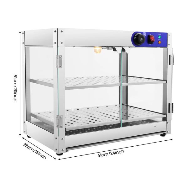 Ammattikäyttöön ruoan lämpövitriini - 2-tasoinen pöytämalli - Öljyalusta - 800 W lämmitysputket - 30–85°C - 61×38×51 cm - 8 h käyttö - Läpinäkyvä