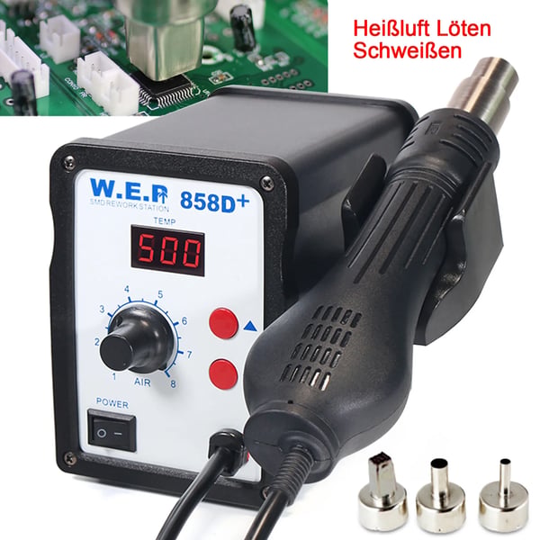 Varmeluft lodde/rework-station - 858D - Digital - Justerbar temperatur og luftstrøm - Børsteløs blæser - 220 V - Med kabel
