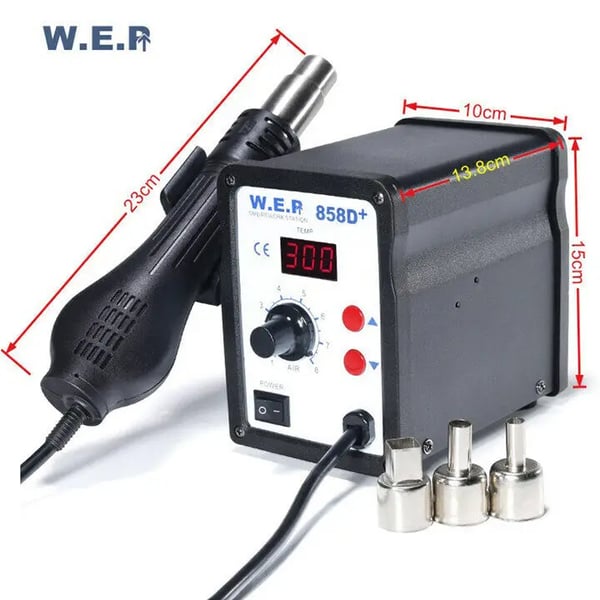 Varmeluft lodde/rework-station - 858D - Digital - Justerbar temperatur og luftstrøm - Børsteløs blæser - 220 V - Med kabel