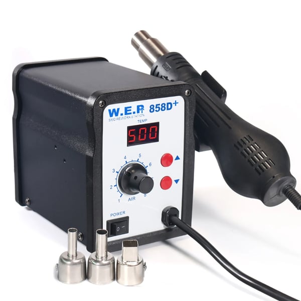 Varmeluft lodde/rework-station - 858D - Digital - Justerbar temperatur og luftstrøm - Børsteløs blæser - 220 V - Med kabel