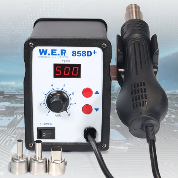 Varmeluft lodde/rework-station - 858D - Digital - Justerbar temperatur og luftstrøm - Børsteløs blæser - 220 V - Med kabel