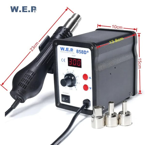 Varmeluft lodde/rework-station - 858D - Digital - Justerbar temperatur og luftstrøm - Børsteløs blæser - 220 V - Med kabel