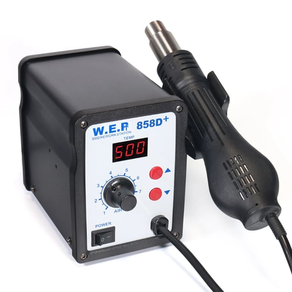 Varmeluft lodde/rework-station - 858D - Digital - Justerbar temperatur og luftstrøm - Børsteløs blæser - 220 V - Med kabel