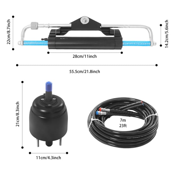 Hydraulisk styresæt - Til påhængsmotor 150 hk - Med pumpe og styrecylinder - 2 hydraulikslanger - CE-godkendt - Til båd og yacht - Sort