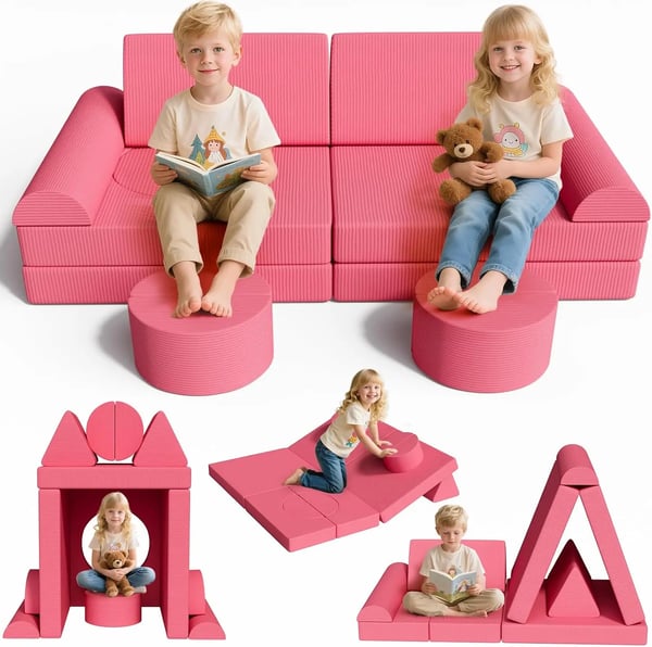Leksoffa i manchester - Modulär barnsoffa - Set 14 delar - Byggdelar - Fällbar - Oeko-TEX - 140x70x44 cm - Rosa