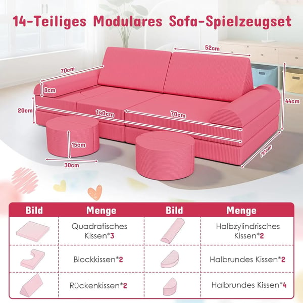 Lege-sofa i fløjl - Modulær børnesofa - Sæt 14 dele - Byggeklodser - Udklappelig - Oeko-TEX - 140x70x44 cm - Lyserød
