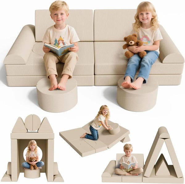 Leikkisohva vakosametista - Modulaarinen lasten rakennussohva - 14 osaa - Avattava - Oeko-TEX - 140x70x44 cm - Beige