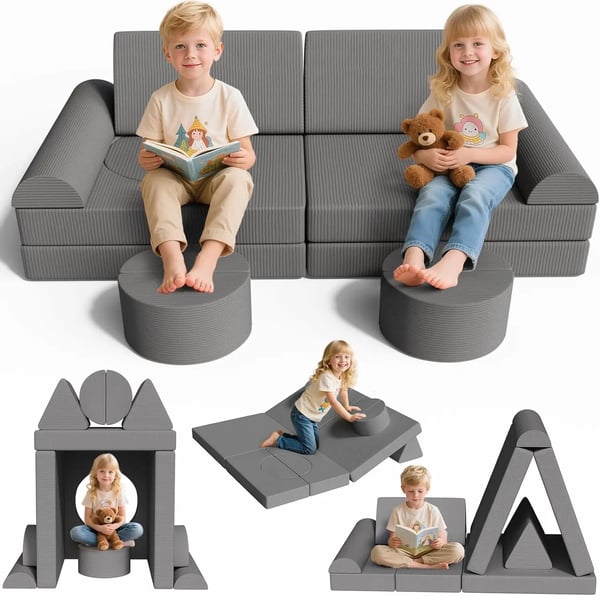 Legesofa i cordfløjl - Modulær børnesofa - 14-delt sæt - Byggeklodser - Udfoldelig - OEKO-TEX - 140×70×44 cm - Mørkegrå