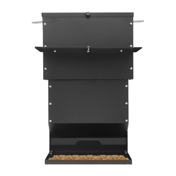 Vildtfoderautomat/Hjortefoderautomat - Hængende/Fritstående - Regntæt Med Låg - Kapacitet 27 kg - Kulstofstål Med Plastbelægning - Sort