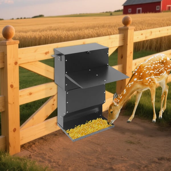Vildtfoderautomat/Hjortefoderautomat - Hængende/Fritstående - Regntæt Med Låg - Kapacitet 27 kg - Kulstofstål Med Plastbelægning - Sort