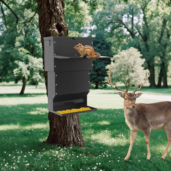 Vildtfoderautomat/Hjortefoderautomat - Hængende/Fritstående - Regntæt Med Låg - Kapacitet 27 kg - Kulstofstål Med Plastbelægning - Sort