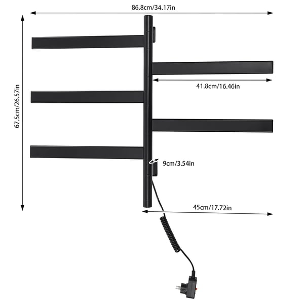 Håndklædetørrer - Håndklædevarmer - 5 stænger - Rustfrit stål - Kulfiber tørvarme - Justerbar 30–70 °C - Kompakt <50 cm - Sort