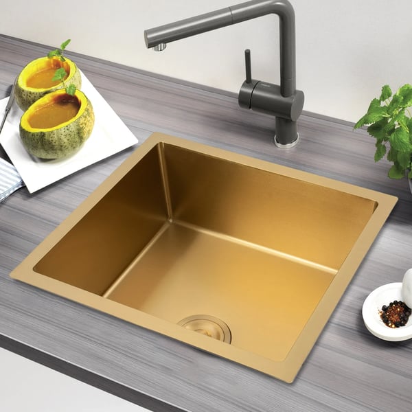 Køkkenvask i rustfrit stål - Enkeltvask - 50 x 45 cm - Med armatur - 1 hul - Afløbssi & kontraventil - Bord- eller indbygning - Guld
