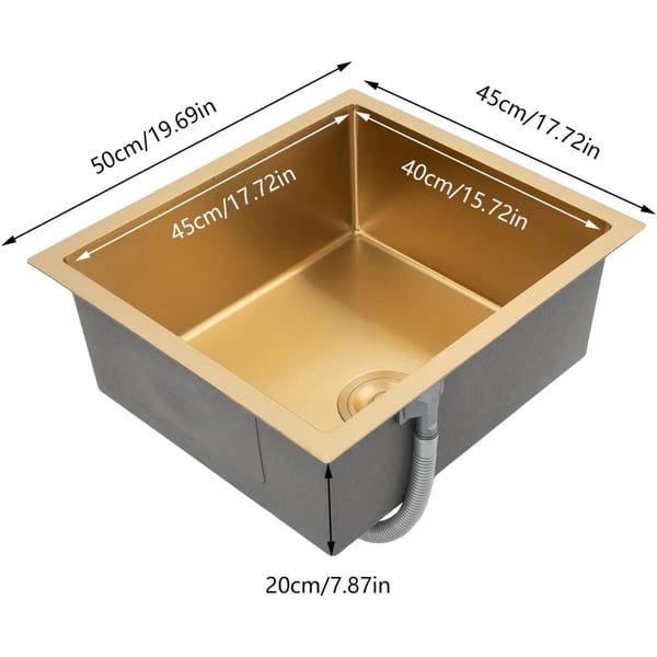Køkkenvask i rustfrit stål - Enkeltvask - 50 x 45 cm - Med armatur - 1 hul - Afløbssi & kontraventil - Bord- eller indbygning - Guld
