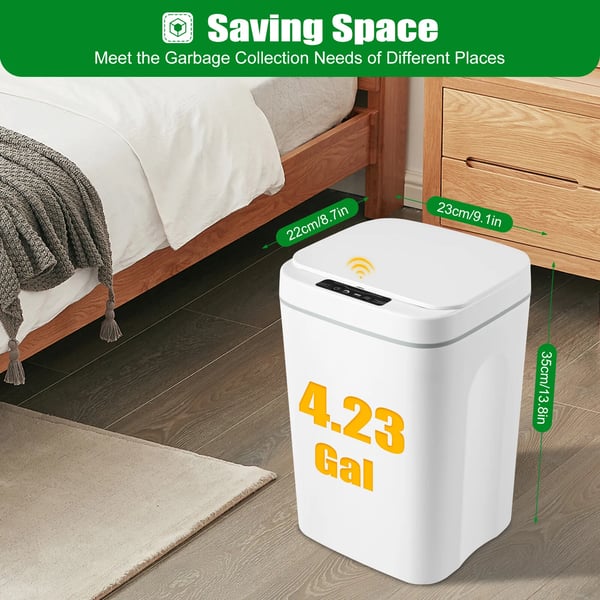 Berøringsfri Skraldespand/Affaldsspand - Affaldsspand 16 L - Automatisk Sensor - Stille Låg - LED-lys - 21.5×20.5×34 cm - Hvid
