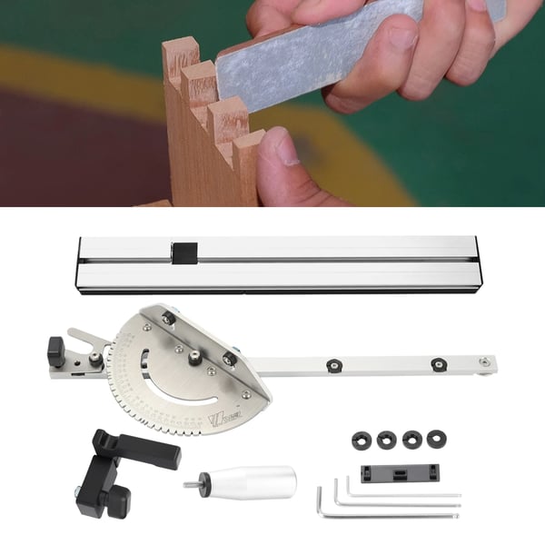 Jiiriohjain pöytäsahaan - Miter Gauge 45 cm aita - Säädettävä 0–60° - Miteritanko 45 cm - CNC-koneistettu alumiini - Musta