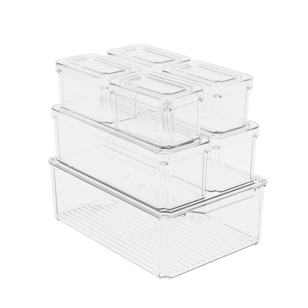 Kylskåpsorganisatörer - Förvaringslådor med lock - Set om 7 - Stapelbara - PET-plast - För frukt & grönsaker - Kyl/frys - Transparent