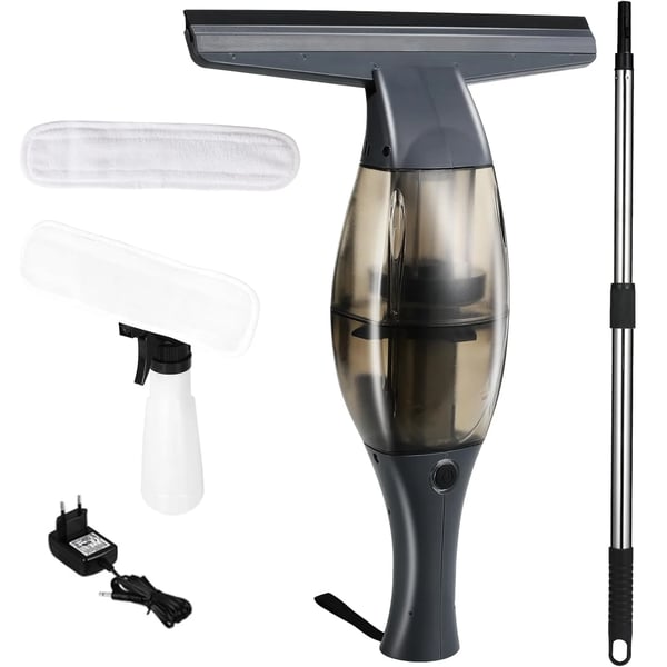 Fönsterdammsugare Set - Elektrisk Fönstertvätt - Teleskopskaft - Sprayflaska - 28 cm Skrapbredd - För Glas, Speglar, Kakel - Grå