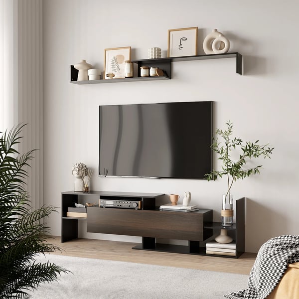 TV-möbler - Set med bänk & hylla - För TV upp till 165 cm vägg/102 cm stående - 153,6×25×42 cm, 150×14,5×16,3 cm - Modern - Trädekor melamin
