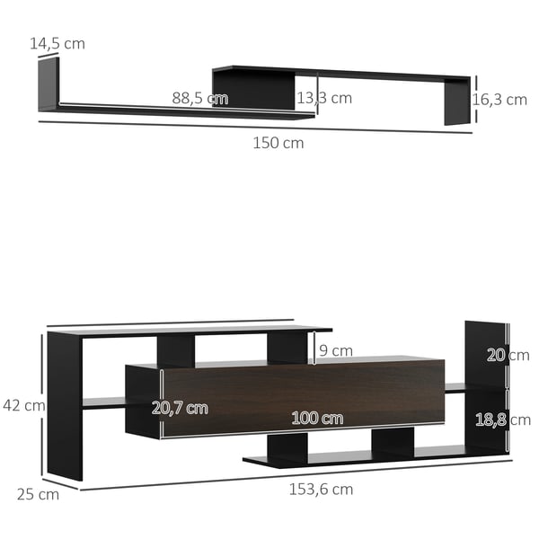 TV-möbler - Set med bänk & hylla - För TV upp till 165 cm vägg/102 cm stående - 153,6×25×42 cm, 150×14,5×16,3 cm - Modern - Trädekor melamin