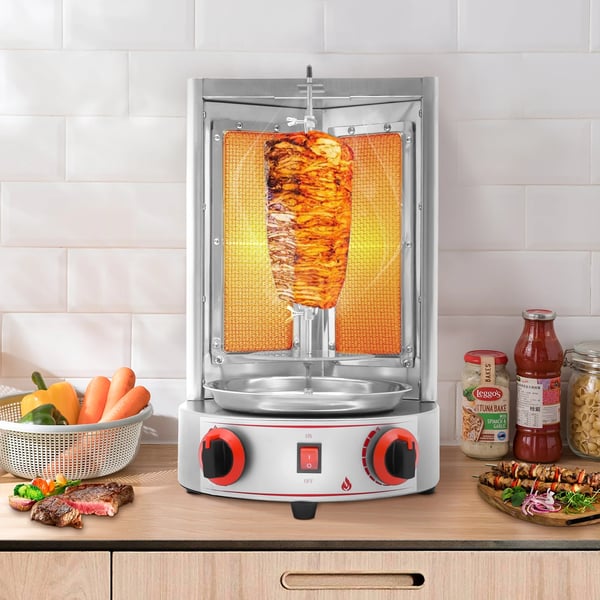 Döner Kebab/Shawarma Grilli - Pystymallinen Kaasugrilli - Automaattinen Kierto - 2 Poltinta - Nuppiohjaus - Ammattikäyttöön - Hopea
