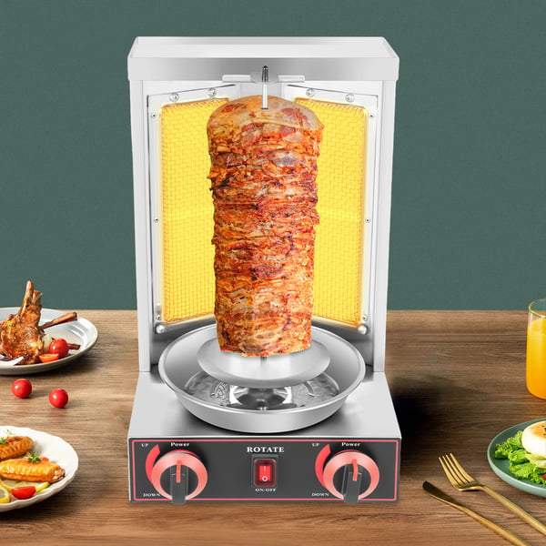 Döner Kebab/Shawarma Grilli - Pystymallinen Kaasugrilli - Automaattinen Kierto - 2 Poltinta - Nuppiohjaus - Ammattikäyttöön - Hopea