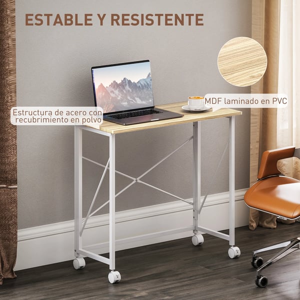 Fällbart skrivbord - Kontorsbord på hjul - Robust konstruktion - 80×40×75 cm - Utrymmesbesparande - Natur