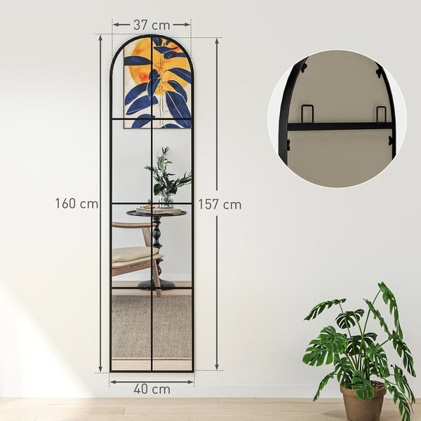 Helkroppsspegel - Väggspegel - Bågformad Design - Metallram - 40 x 160 cm - För sovrum/hall - Svart
